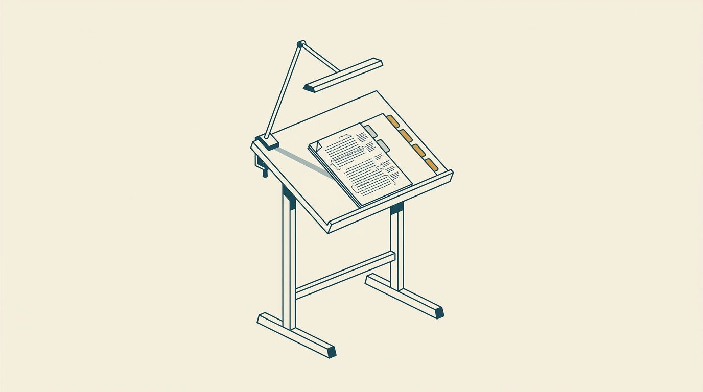 Stilren vektorillustration med en pulpet, ett dokument med anteckningar, registerflikar och en läslampa i petrolblått och ockra.