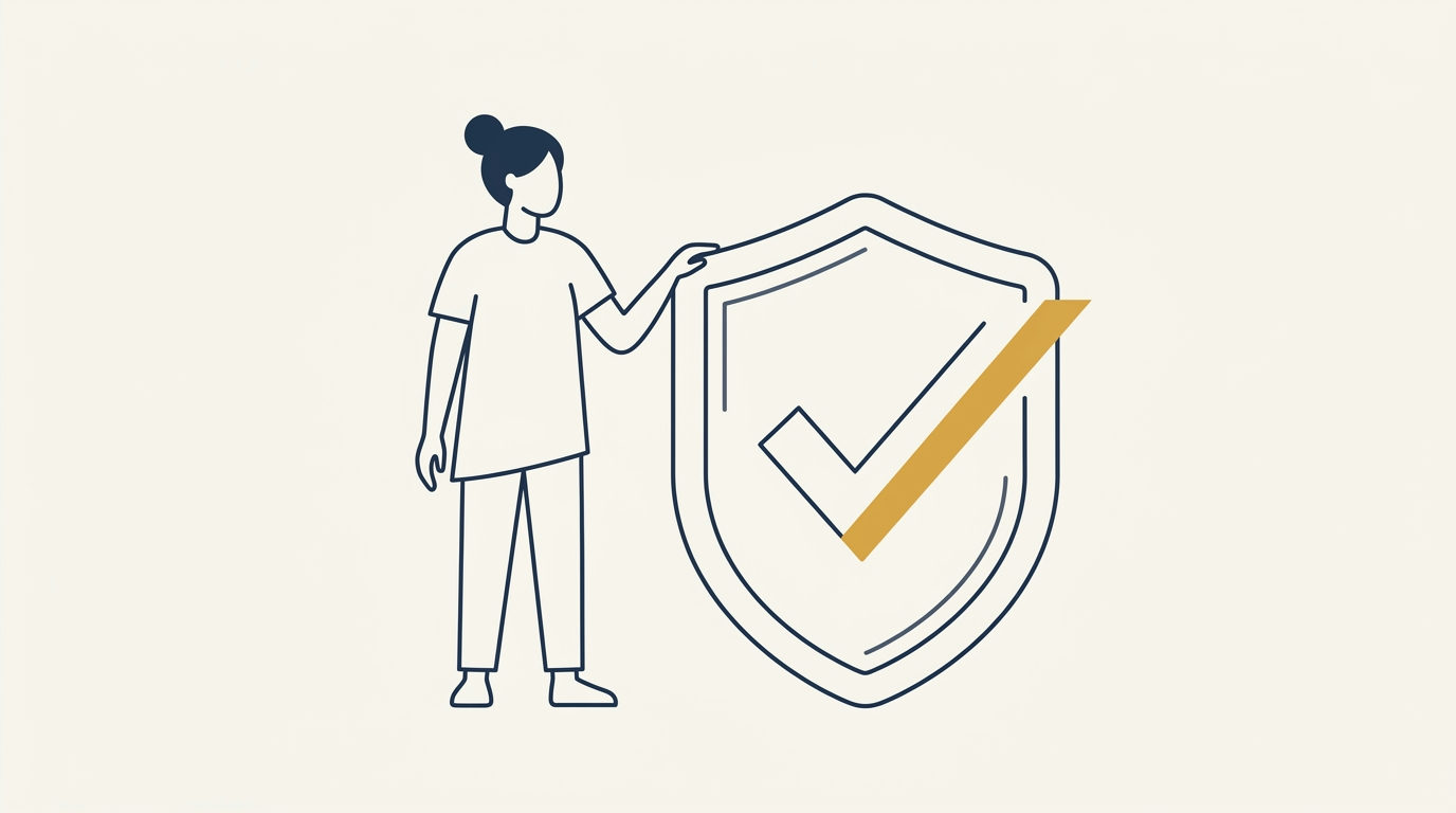 Stylized figure with hand on a white shield with a brass checkmark on a warm ivory background.