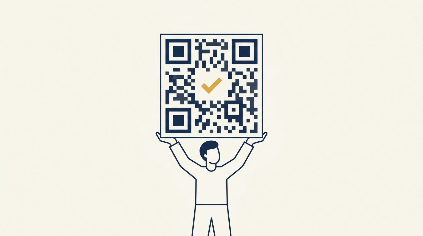 Stylized faceless figure holds a QR code with a brass gold checkmark on a warm ivory background.