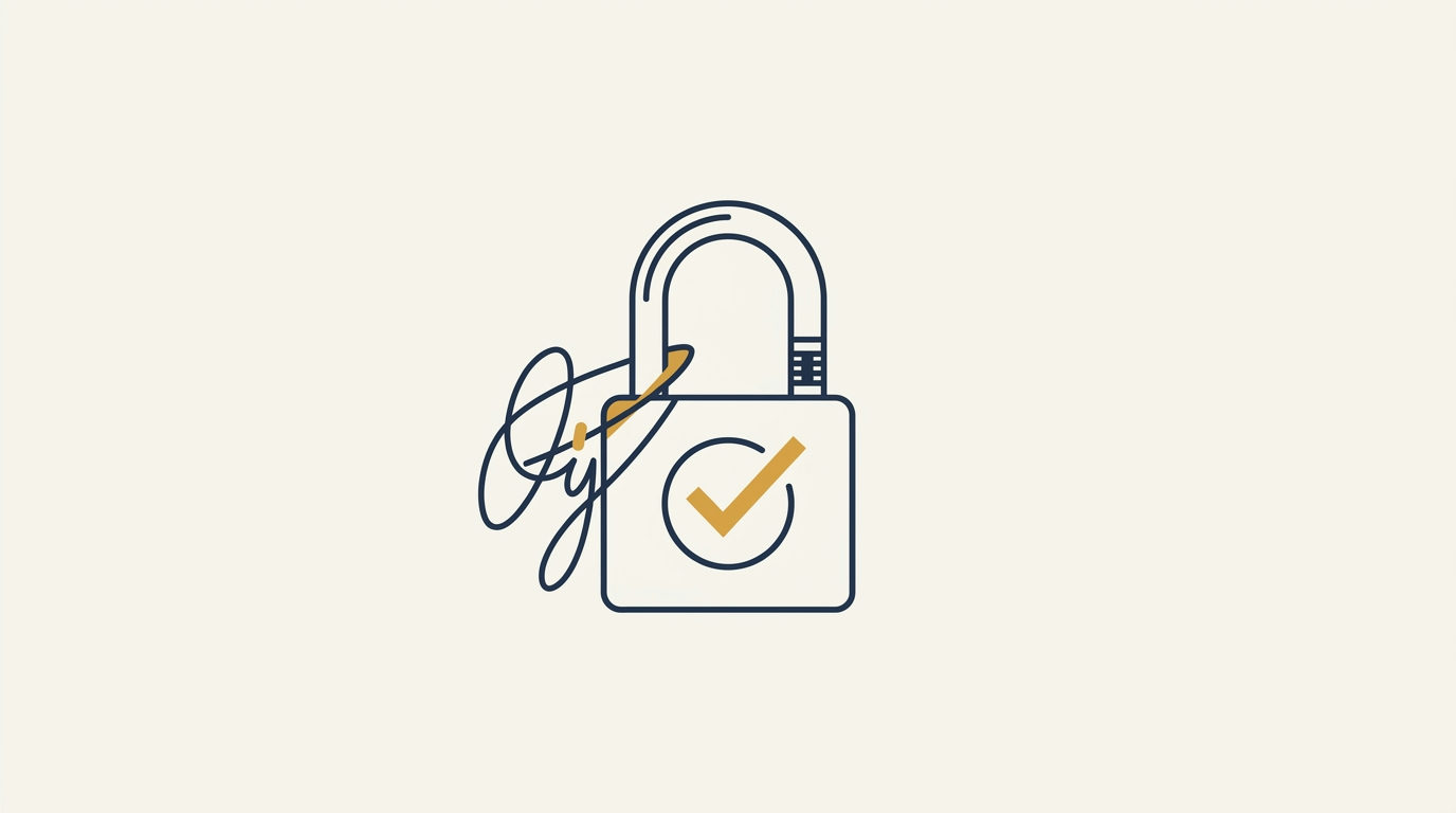 Looping signature line forms a padlock with a checkmark, against a warm ivory background.