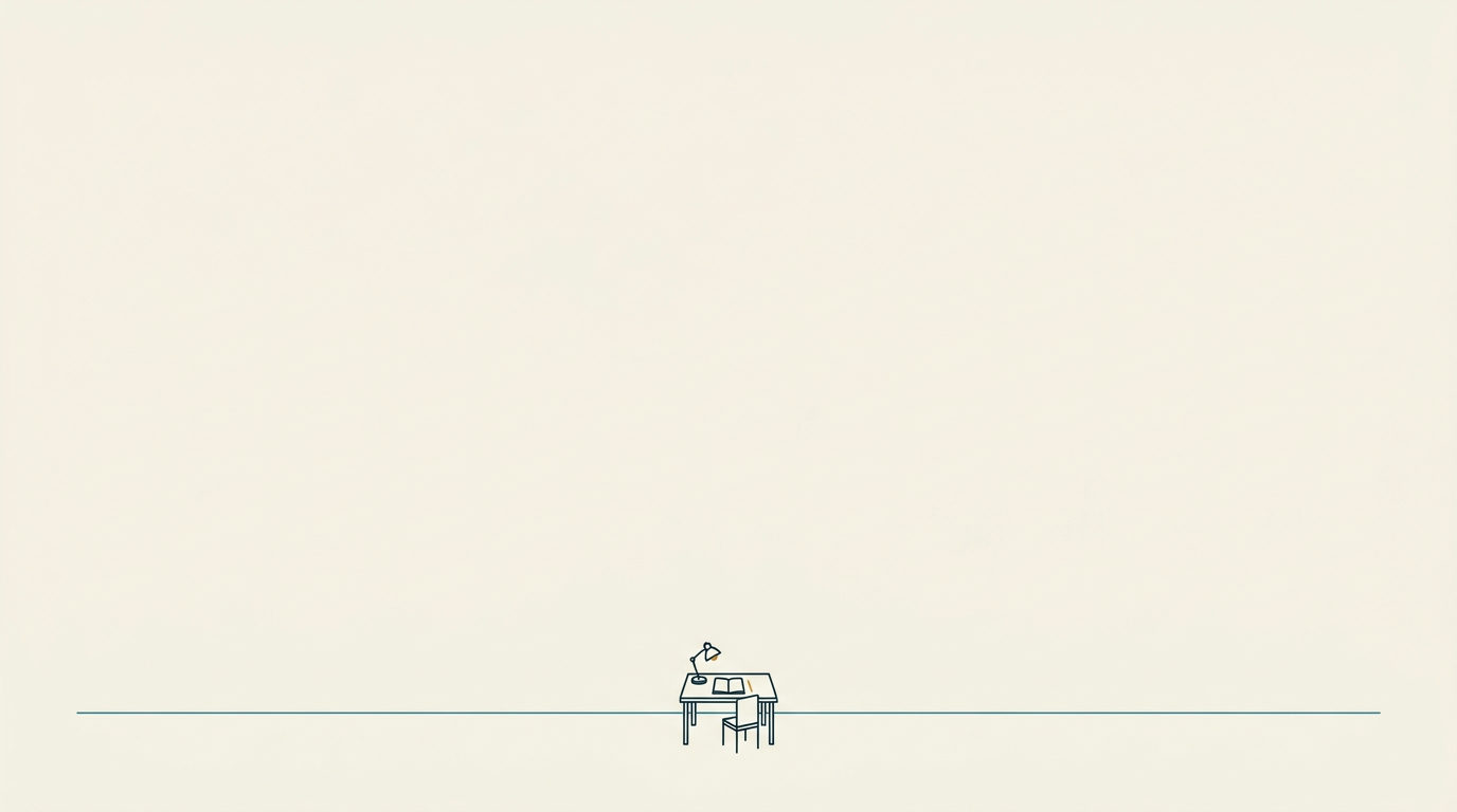 Minimalistisk illustration av ett litet skrivbord med lampa och öppen anteckningsbok mot en stor, ljus bakgrund.