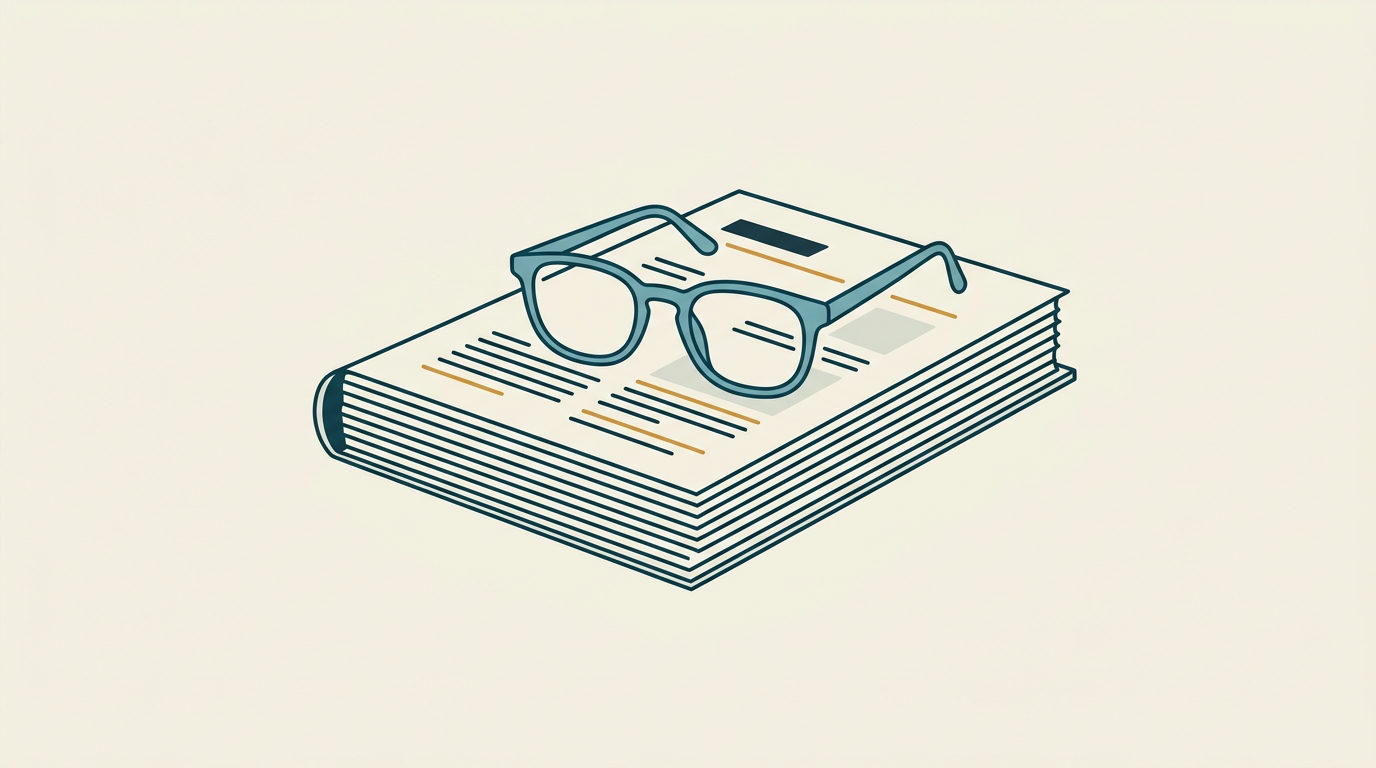 Minimalistisk vektorillustration av ett par klassiska läsglasögon ovanpå en tjock rapport mot en ljus bakgrund.