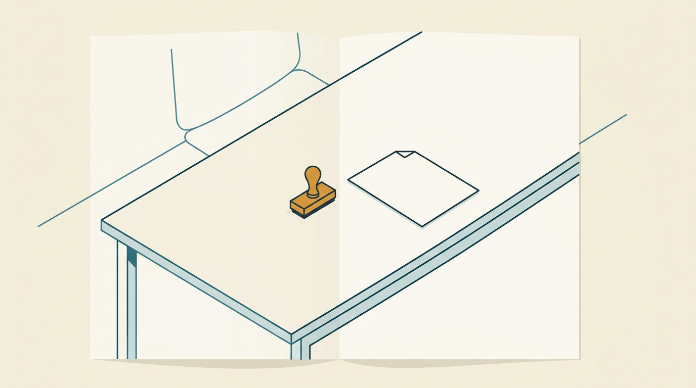 Minimalistisk vektorillustration sedd ovanifrån av ett tomt mötesbord med ett pappersdokument och en ockragul stämpel.