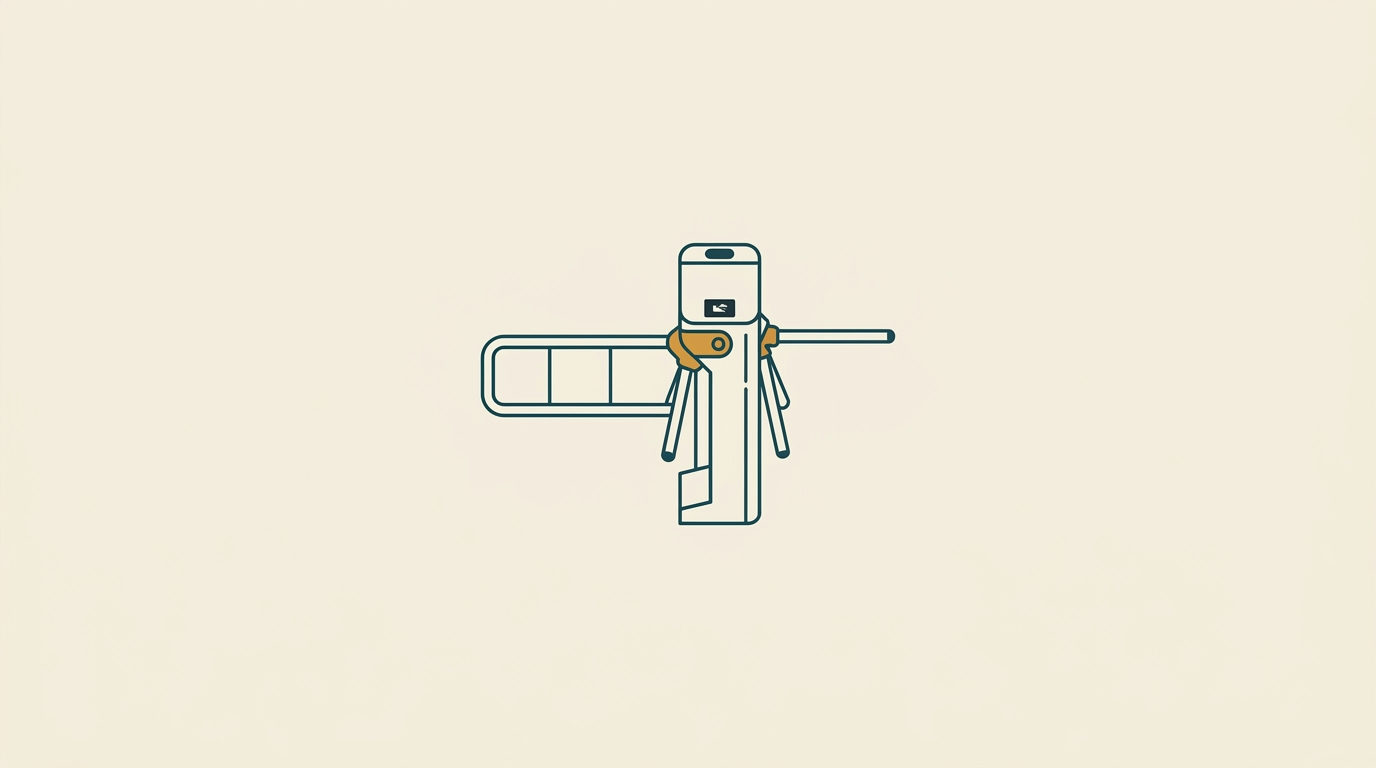 Minimalistisk vektorillustration sedd ovanifrån av en låst säkerhetsspärr i petrolblått och ockra på ljus bakgrund.