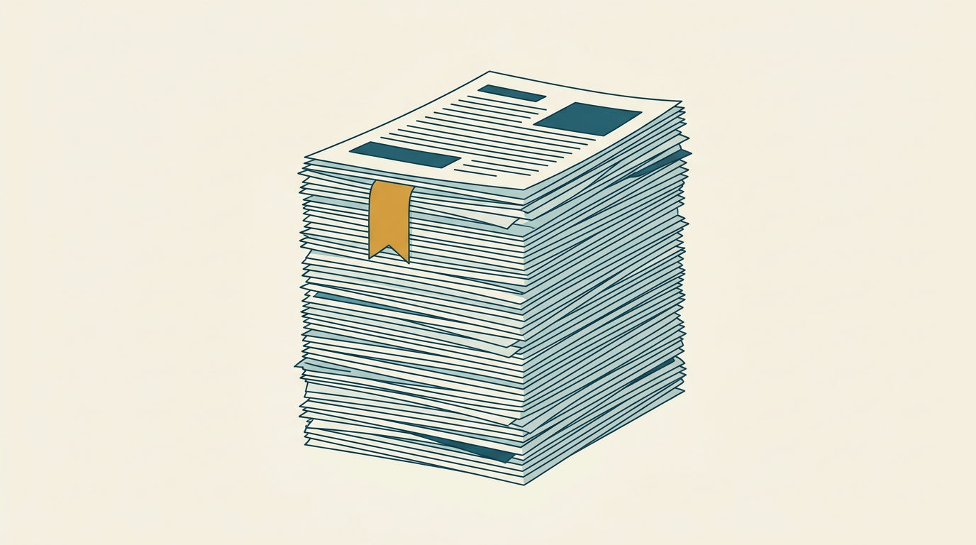 Minimalistisk vektorillustration av en mycket tjock bunt papper med ett ockragult bokmärke placerat nära toppen.