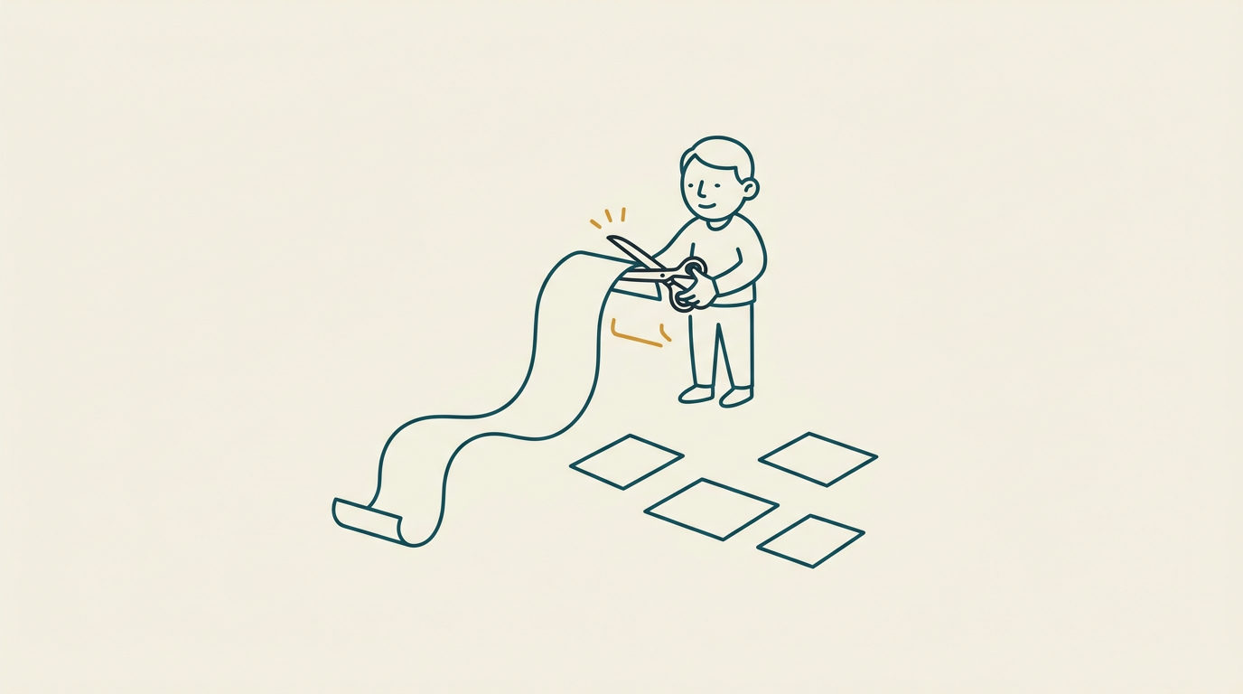 Minimalistisk illustration av en stiliserad figur som klipper en lång pappersrulle i bitar med sax.