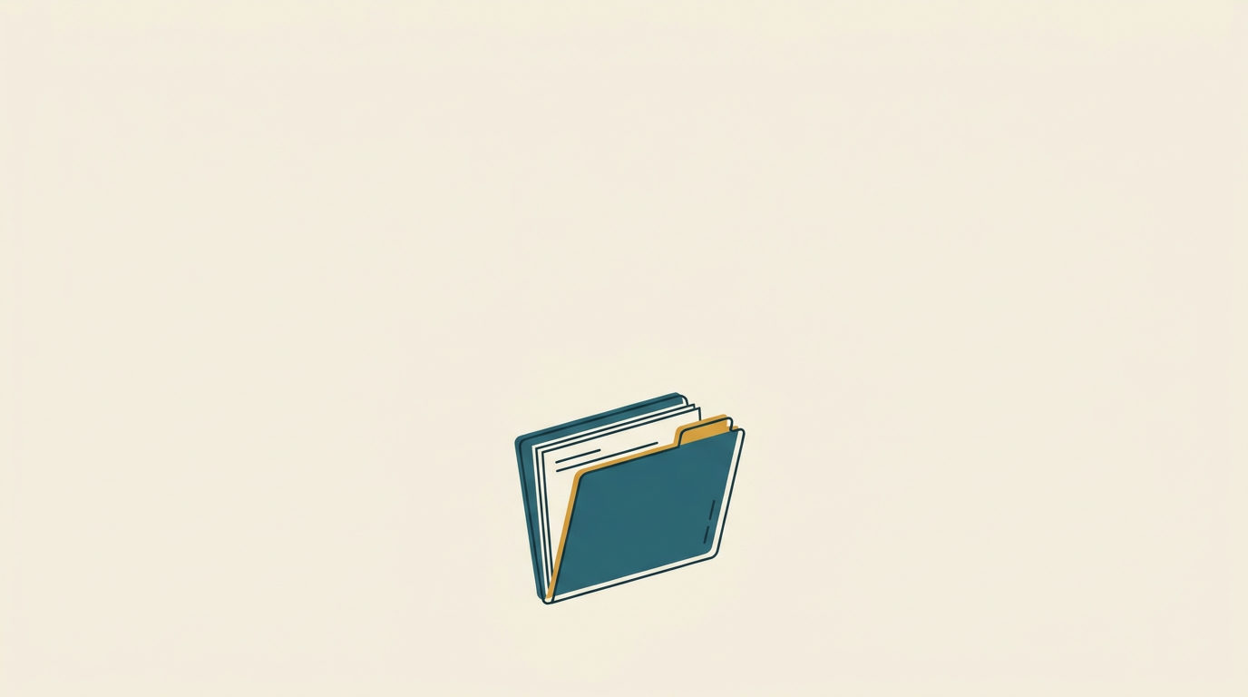 Minimalistisk vektorillustration av en petrolblå dokumentmapp med ockragul flik på en vidsträckt, benvit bakgrund.