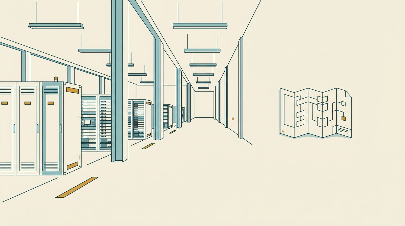 Vektorillustration av ett vidsträckt datacenter med serverskåp och pelare i blågrön linjegrafik mot en ljus bakgrund.