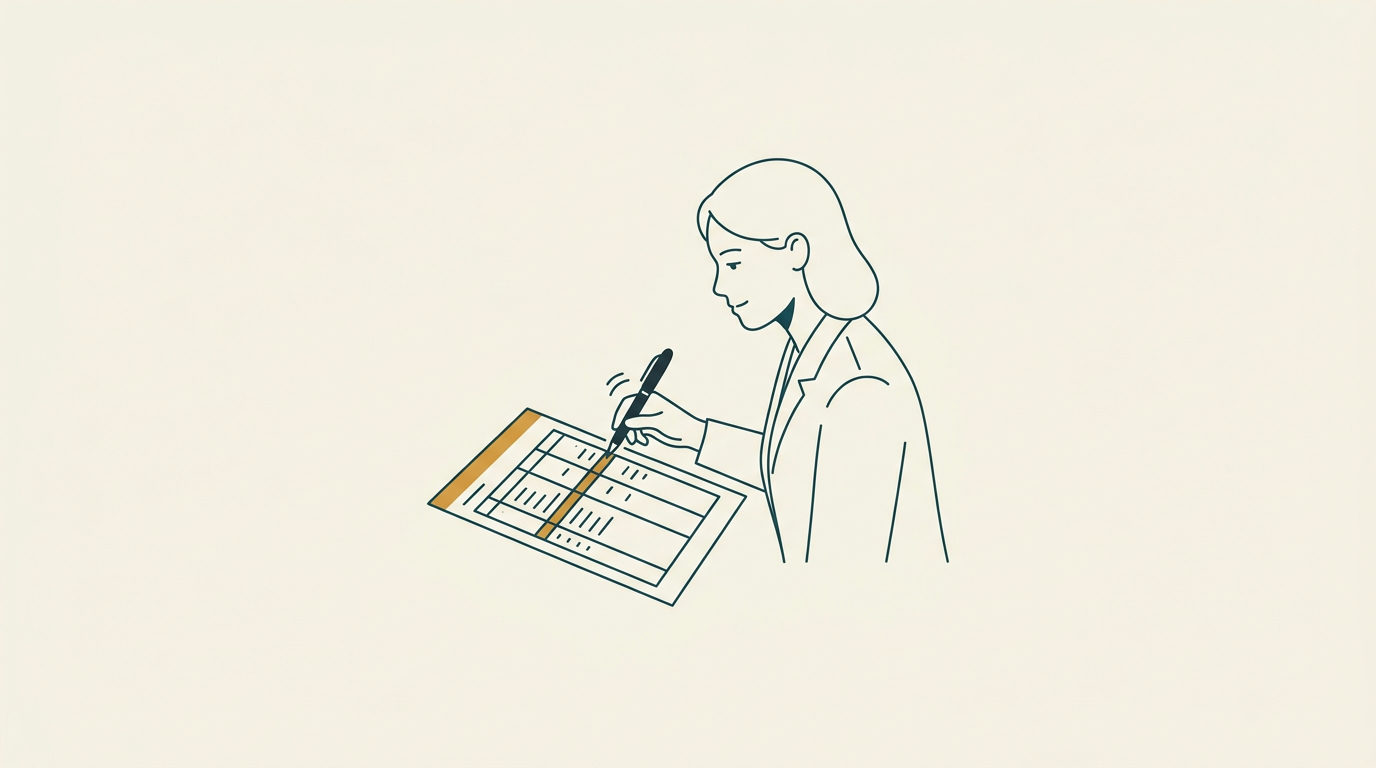 Minimalistisk linjeillustration i blågrönt och ockra där en hand håller en penna mot ett kalkylark.