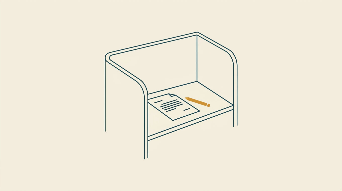 Minimalistisk ritning av tom läsplats med dokument och penna på skrivbordet.