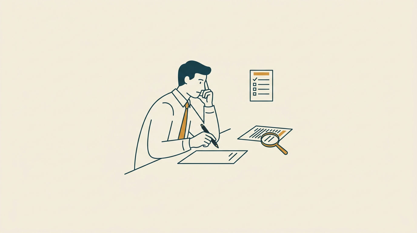Minimalistisk vektorillustration av en person i profil som håller en penna över ett tomt ark på ljus bakgrund.