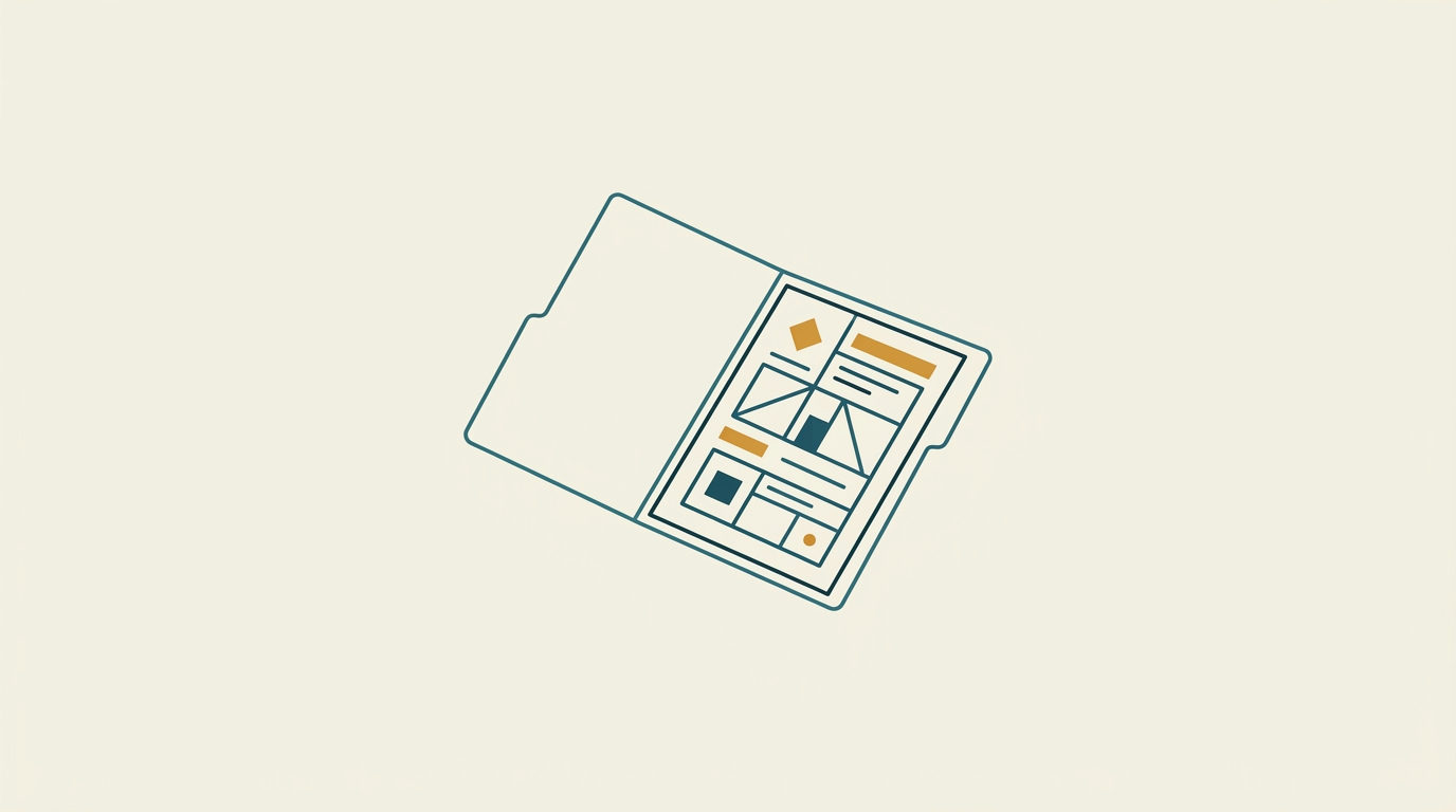 Minimalistisk vektorillustration av en öppen dokumentmapp med geometriska fält i petrolblått och ockra mot ljus bakgrund.