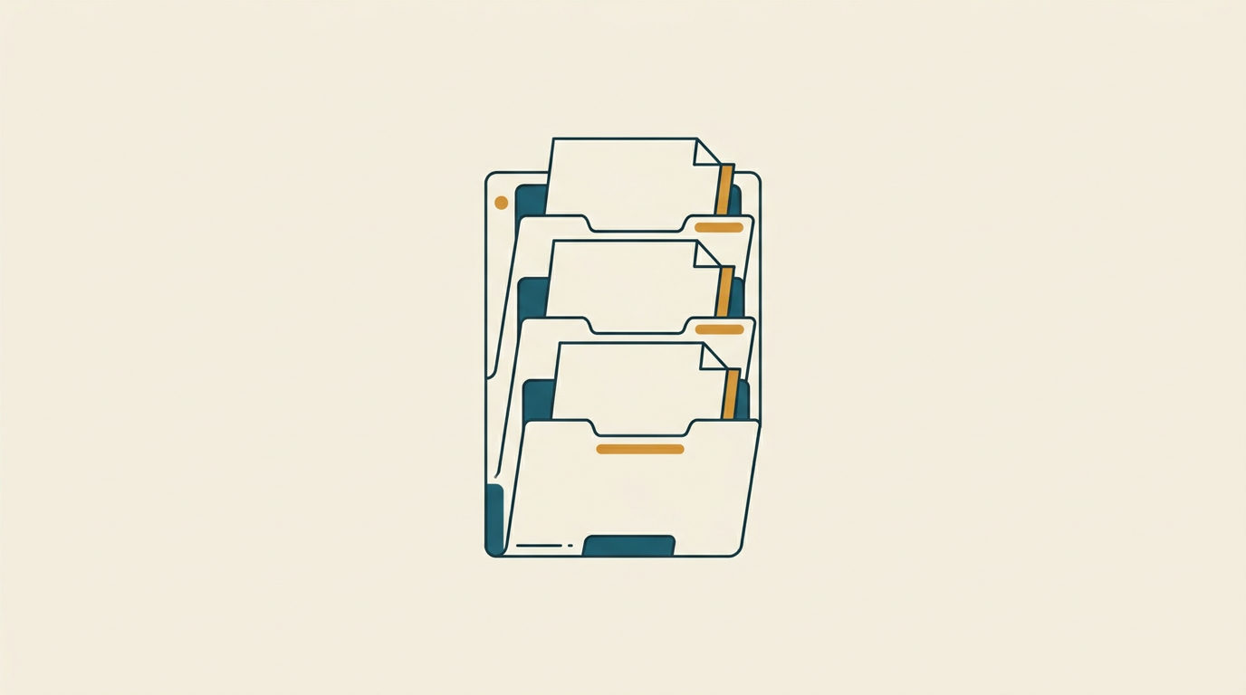 Minimalistisk vektorillustration av ett petrolblått pappersställ med tre tomma dokument och ockrafärgade detaljer på ljus bakgrund.