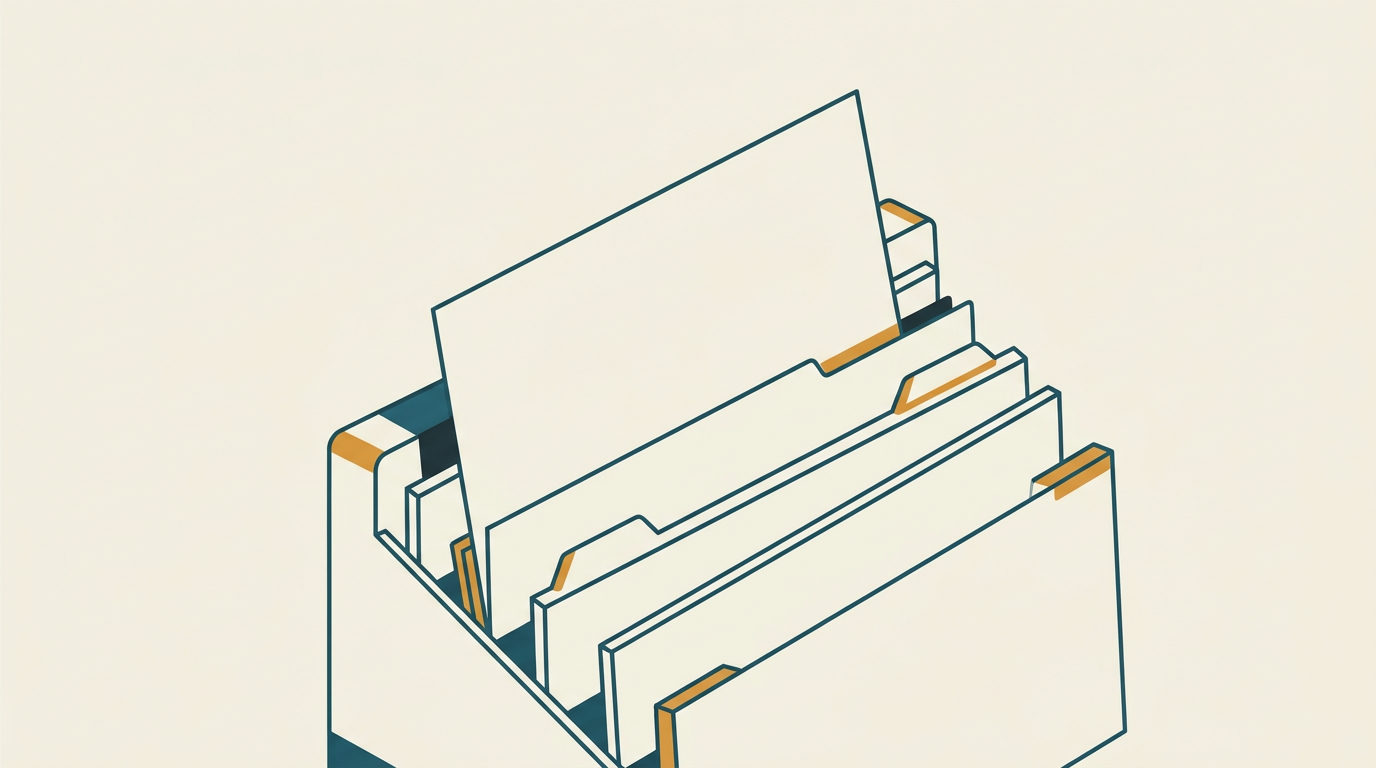 Platt illustration av ett tomt registerkort som placeras i ett geometriskt kortställ på ljus bakgrund.