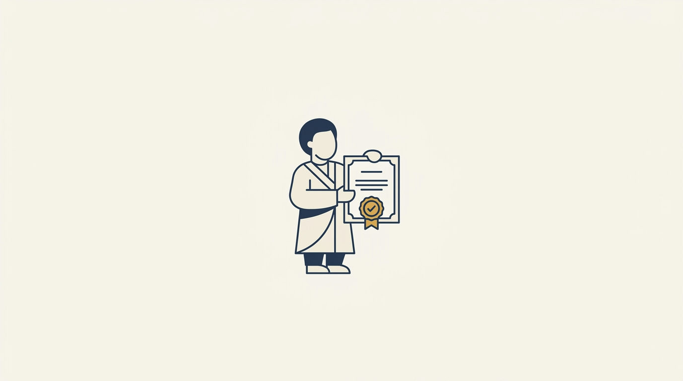Illustration einer Person in Dunkelblau, die ein Zertifikat mit goldenem Siegel auf hellem Hintergrund präsentiert.