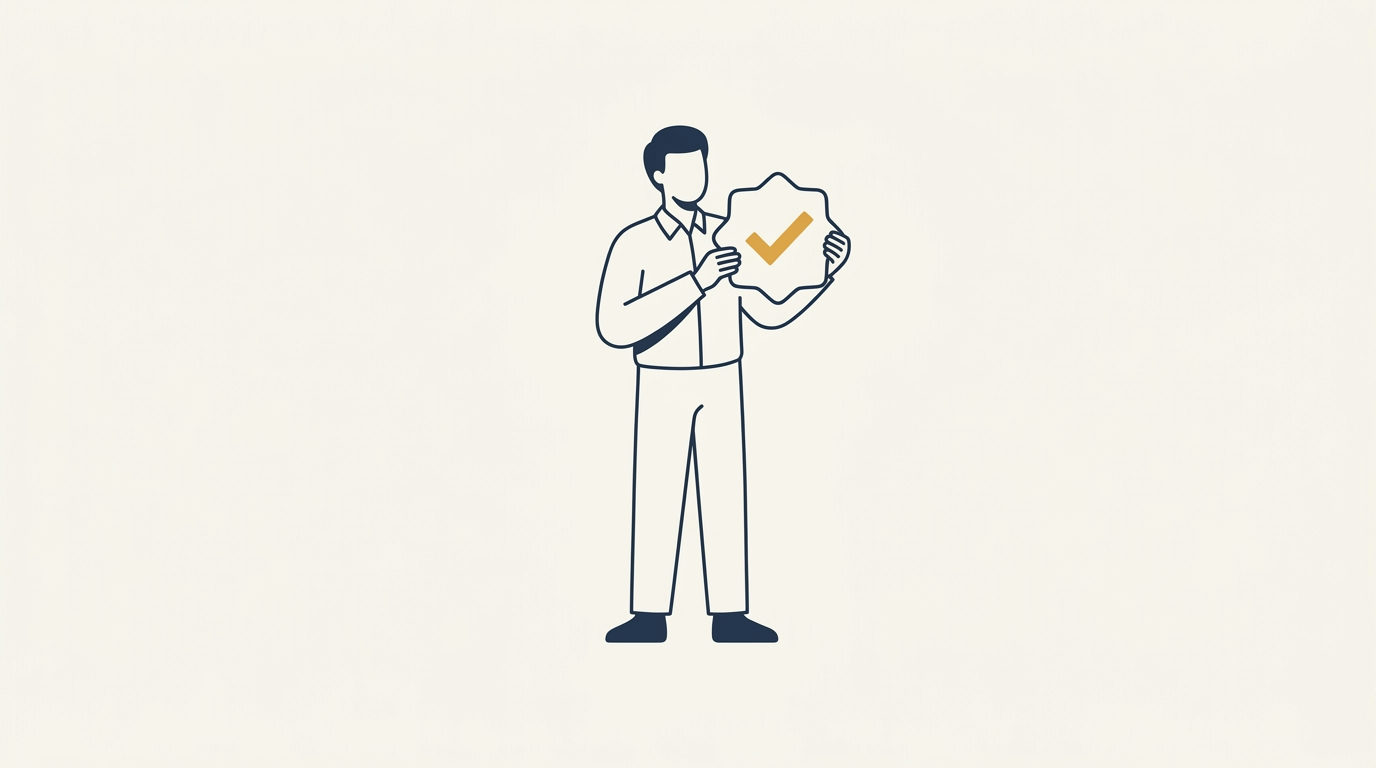 Illustration einer Person, die ein offizielles Verifizierungs-Siegel in Gold und Marineblau hält.