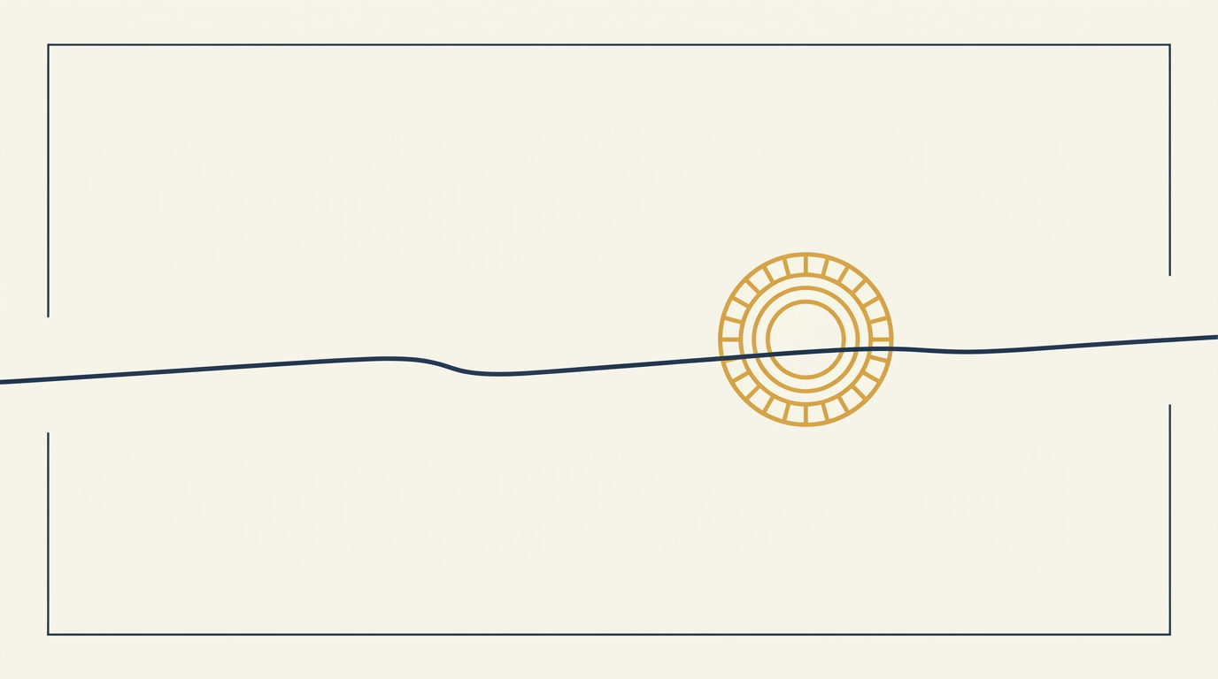 Minimalistische Vektorgrafik eines goldenen Verifizierungssiegels auf einer dunkelblauen Signaturlinie vor cremefarbenem Hintergrund.