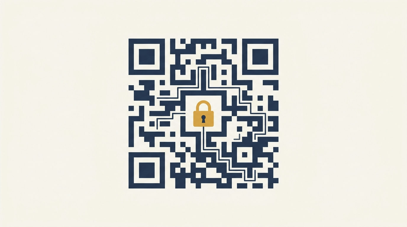 Nahaufnahme eines dunkelblauen QR-Codes, der wie ein Labyrinth gestaltet ist und ein Messingschloss im Zentrum zeigt.