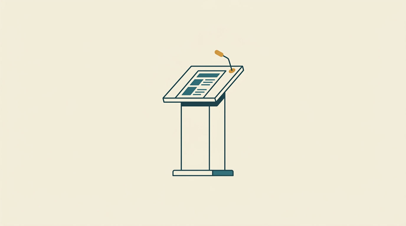 Minimalistisk illustration av en tom talarstol med anteckningar och mikrofon i mörkblå linjer mot ljus bakgrund.