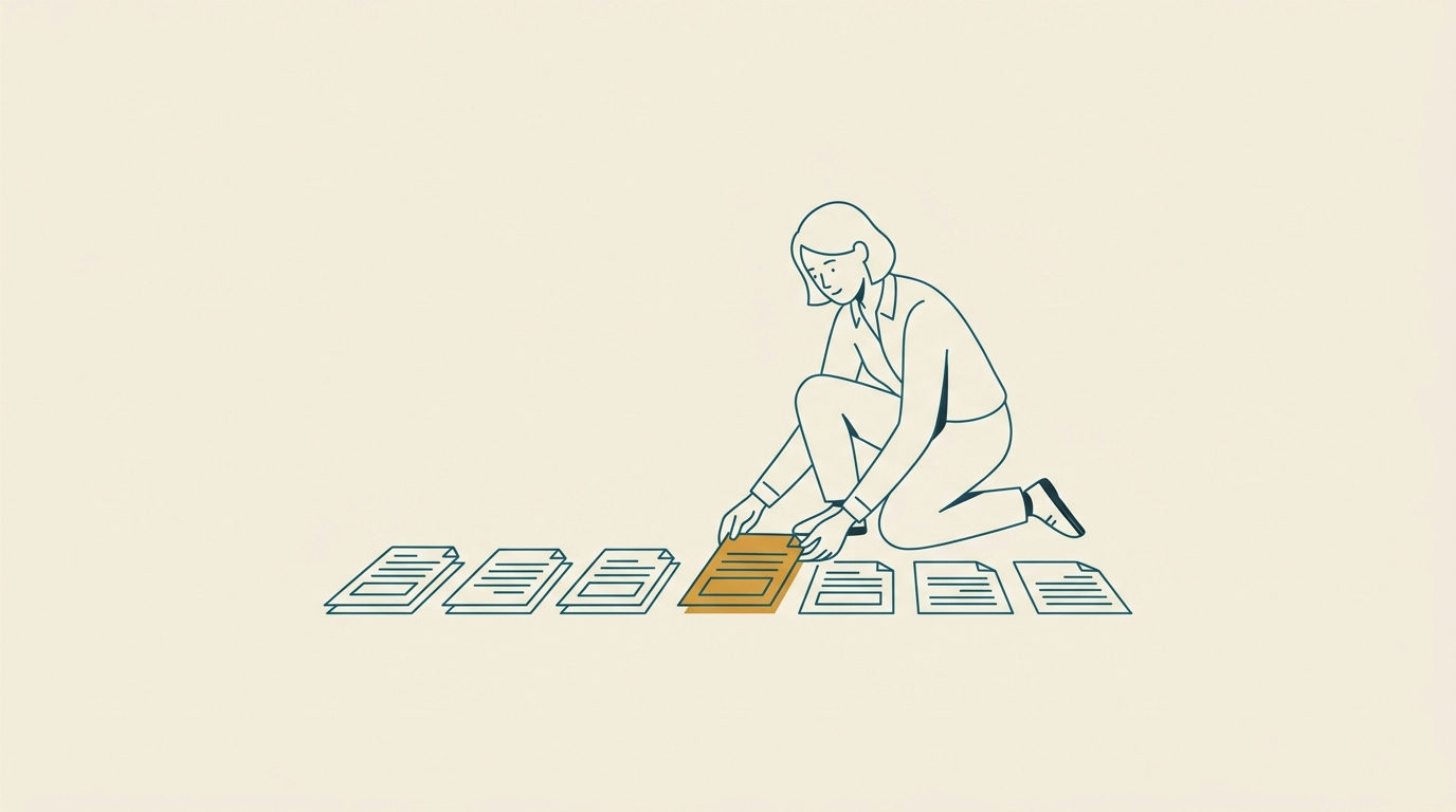 Stiliserad illustration av en person som sitter på knä och ordnar dokument i en rad på golvet.