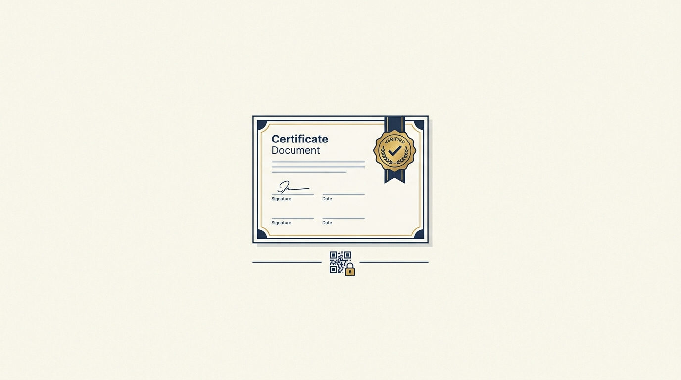 Un certificado de formación en tono marfil con líneas de firma nítidas y un sello dorado de verificación.