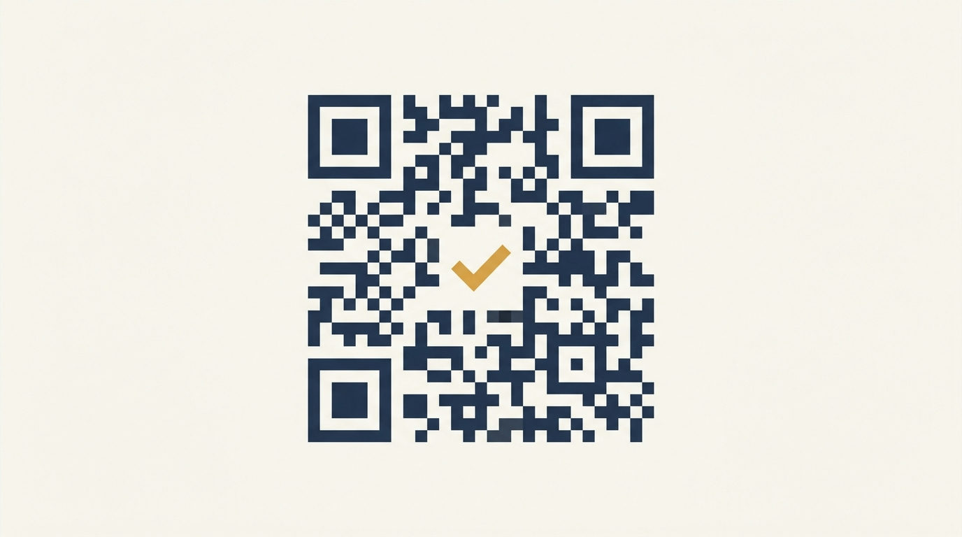 Código QR de alta precisión con un sello de verificación en tono dorado bronce sobre un fondo marfil.
