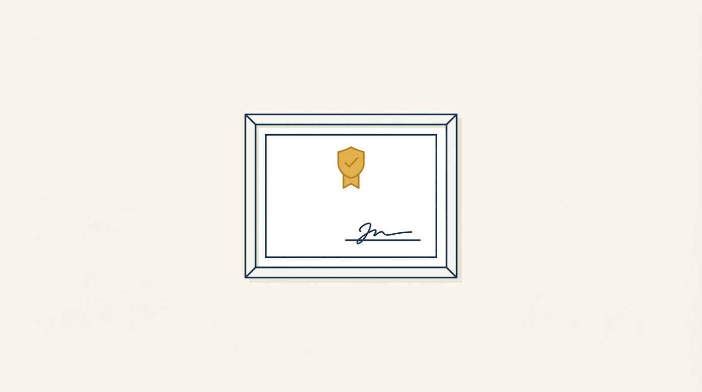 Vista cenital de un certificado de formación enmarcado en estilo minimalista sobre un fondo de color marfil.