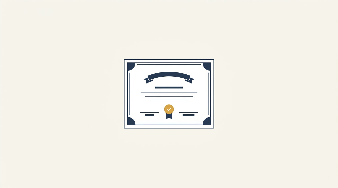 Certificado de formación con diseño minimalista sobre fondo crema, alineado con guías azul marino y detalles en color oro viejo.
