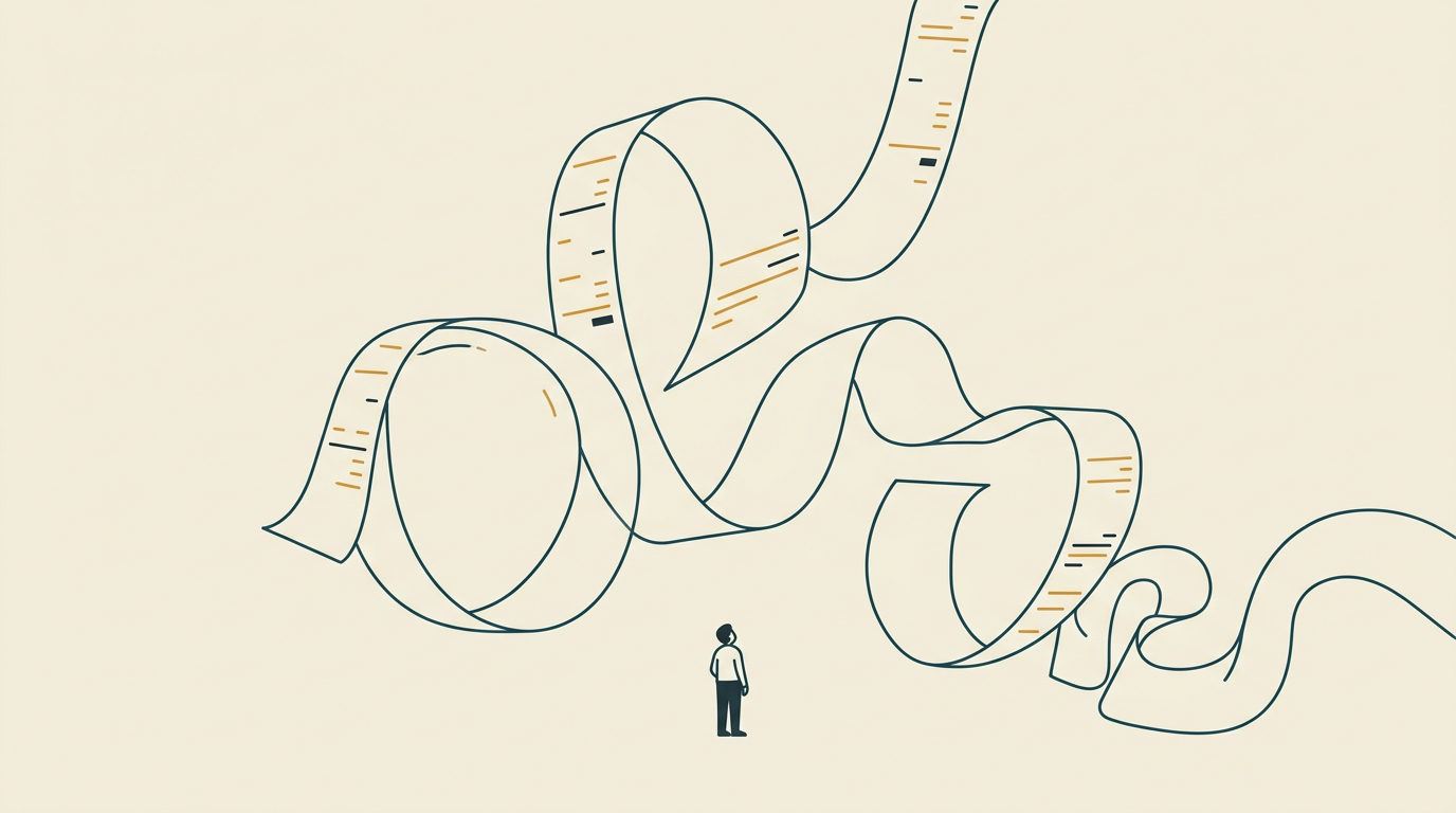 Minimalistisk vektorillustration av en liten person bredvid en gigantisk, slingrande pappersremsa i blått mot ljus bakgrund.