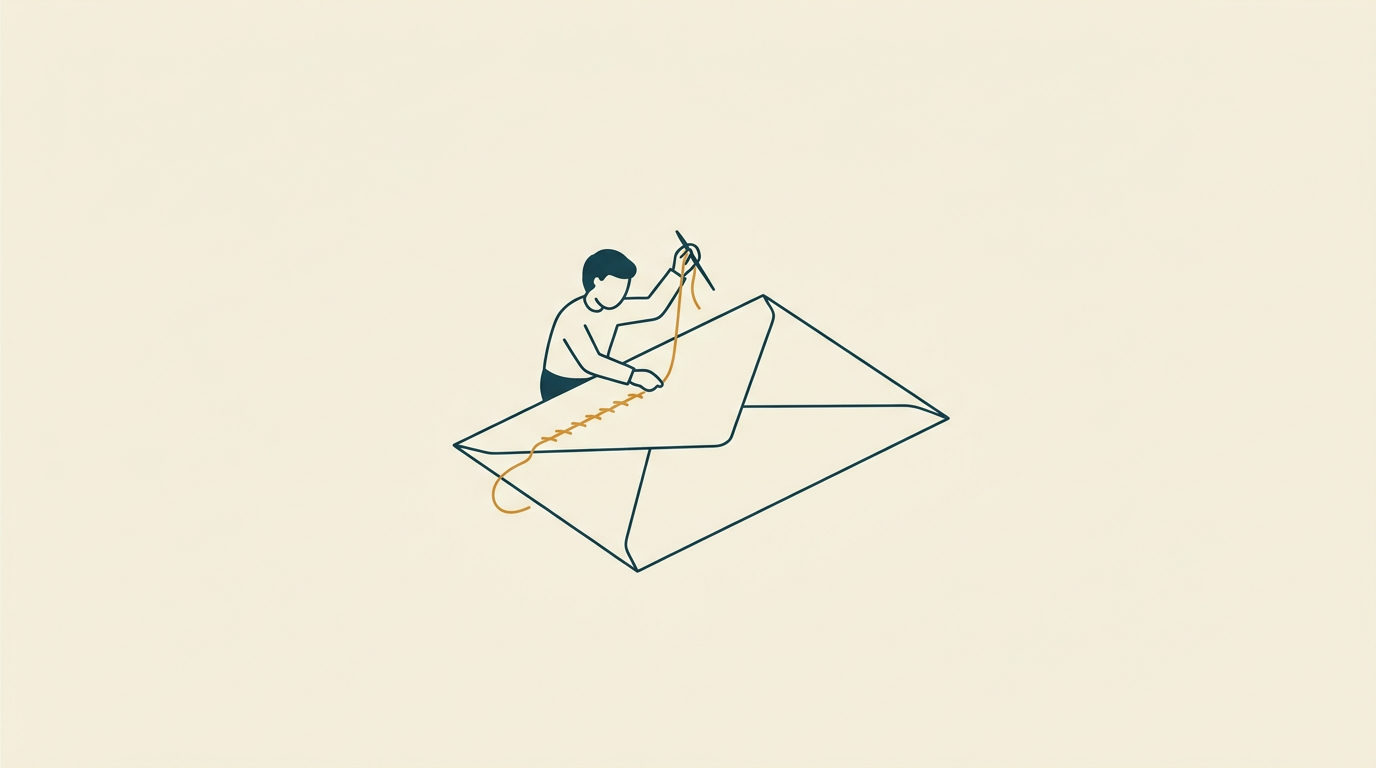 Minimalistisk illustration av en liten figur som syr med ockragul tråd på ett stort papperskuvert.