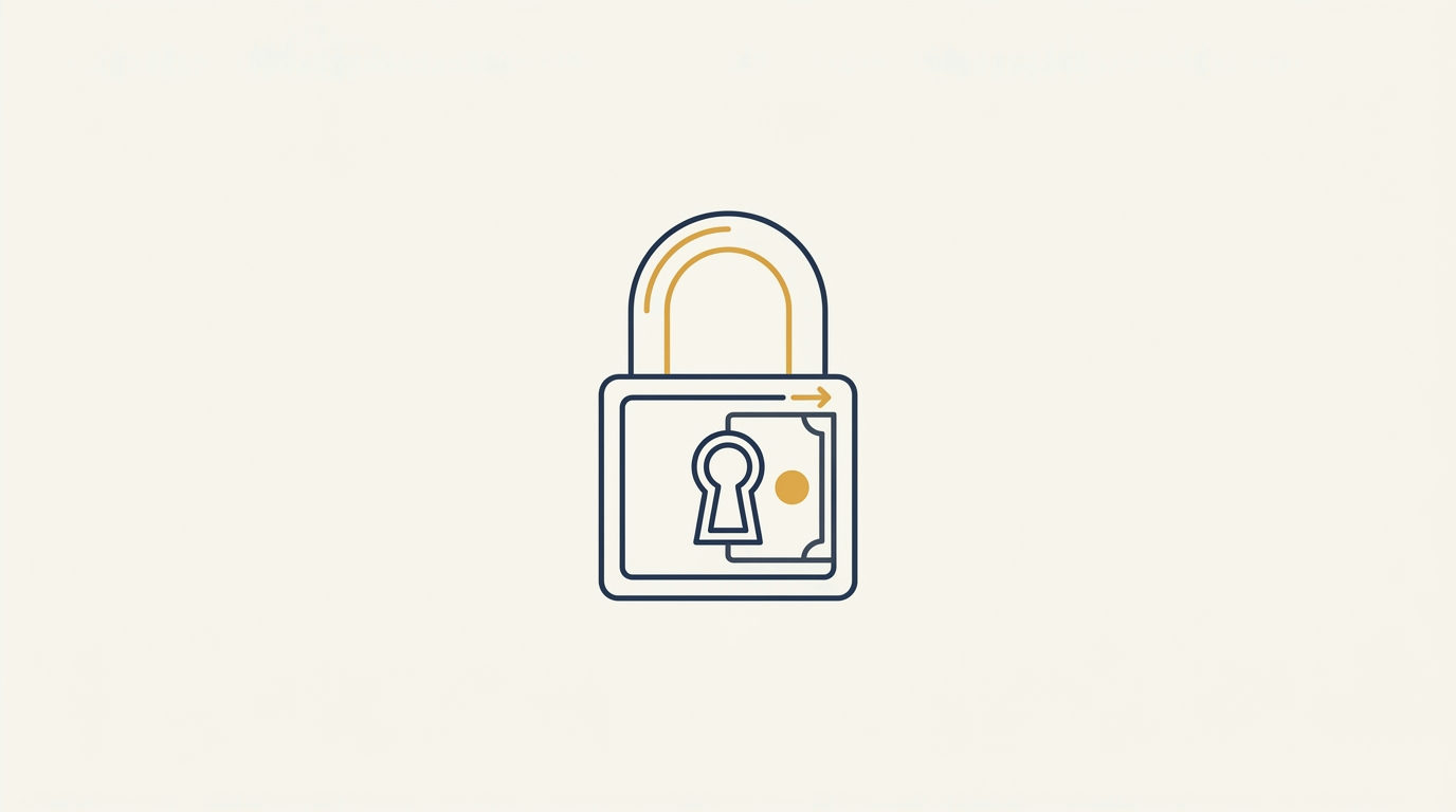 Vector illustration of a brass gold padlock with navy accents on a cream background.