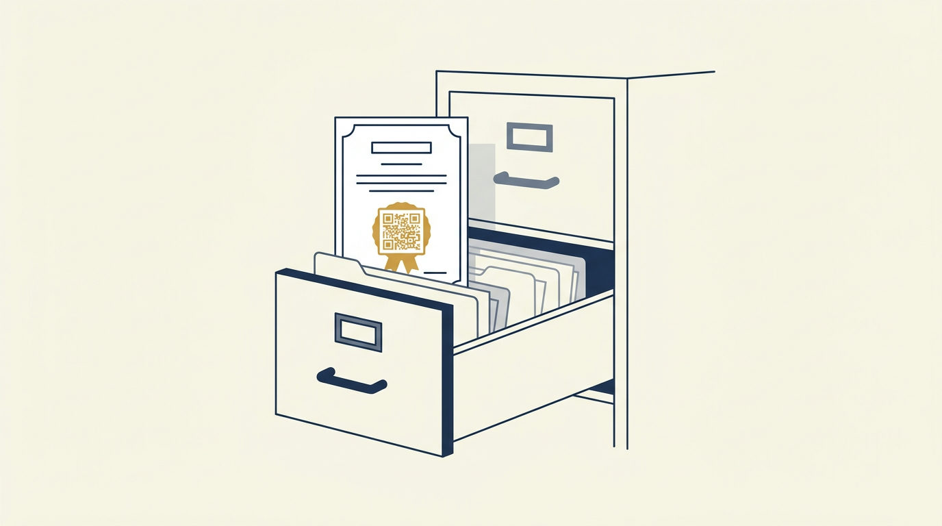 Minimalist vector drawing of an open archive drawer holding a certificate document with a brass gold QR code.