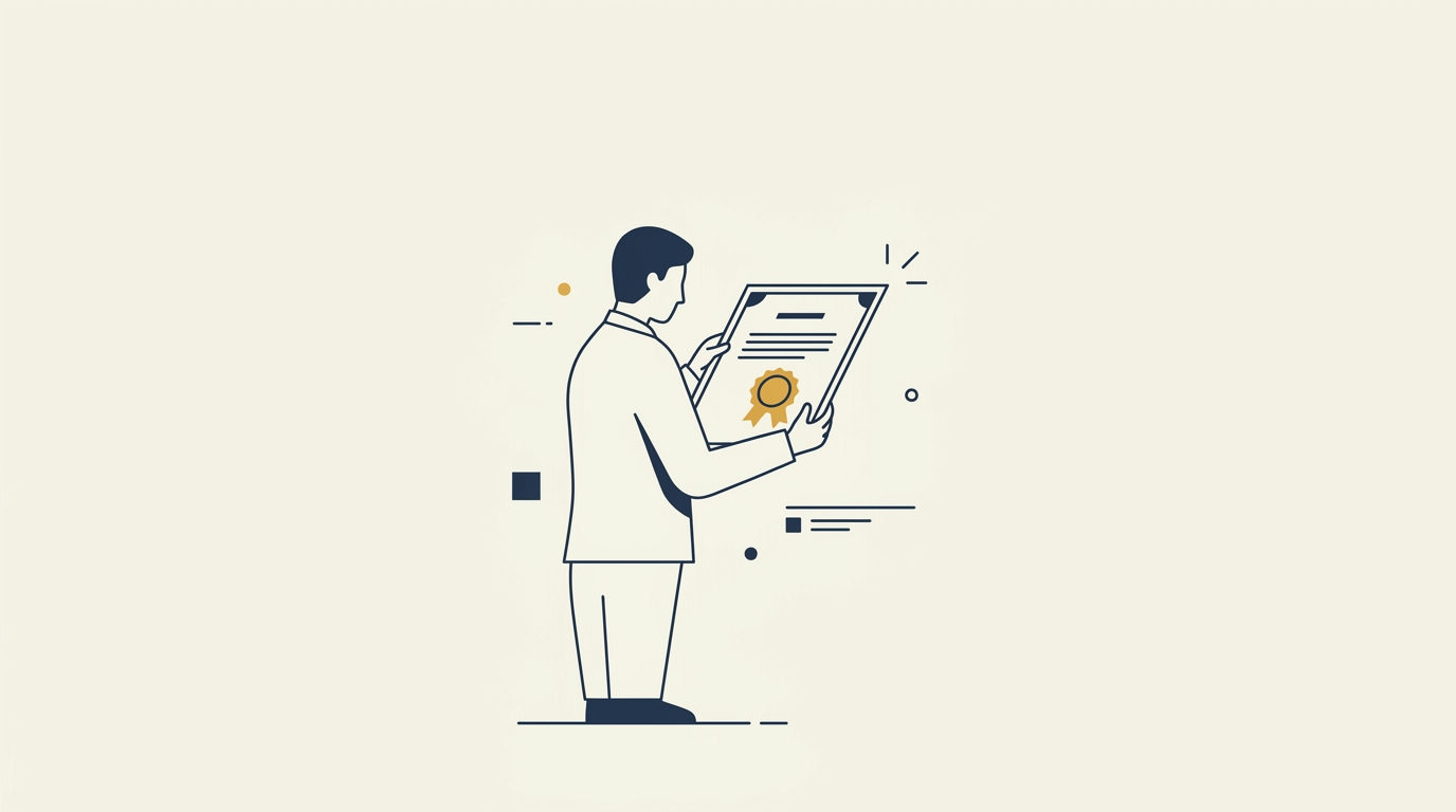Employer figure in profile examining a certificate with a brass gold seal in vast space.