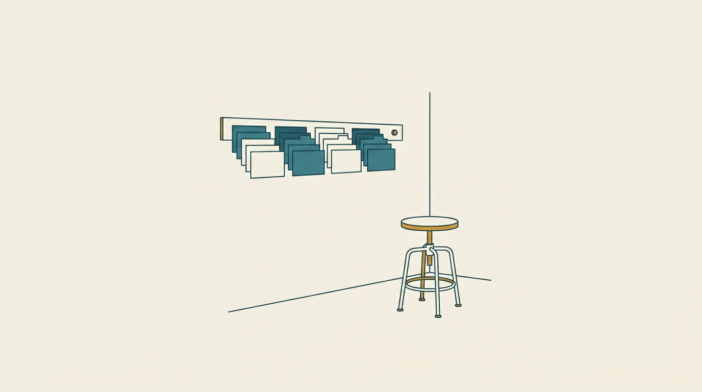 Minimalistisk illustration av en magnetisk tavla med prydliga modulkort och en ritstol i blått och ockra.