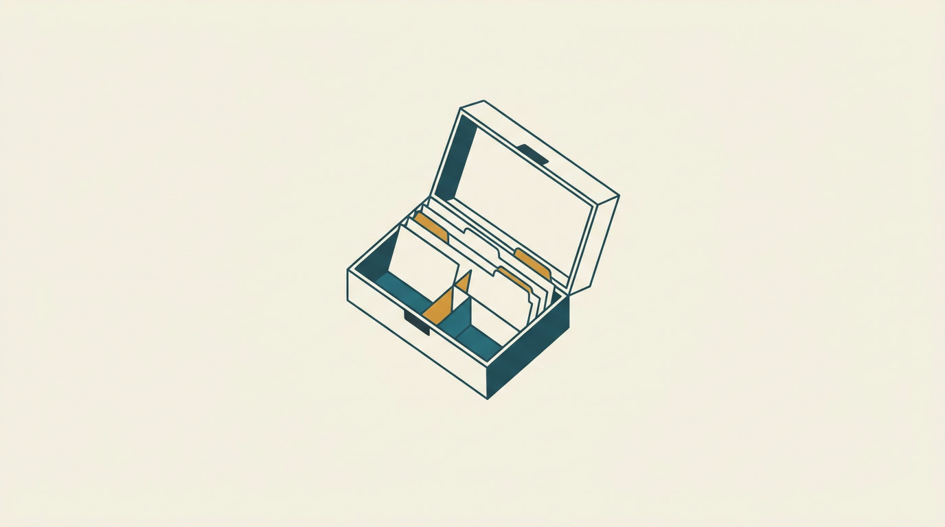 Minimalistisk platt illustration sedd ovanifrån av en öppen registerlåda med blågröna och ockragula geometriska avdelare mot ljus bakgrund.