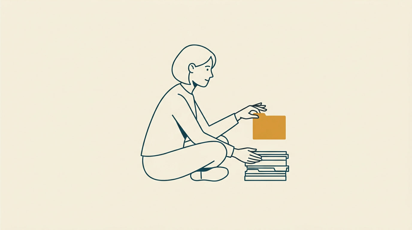 Minimalistisk vektorillustration av en person som sitter och väljer ut en ockragul mapp från en prydlig stapel.