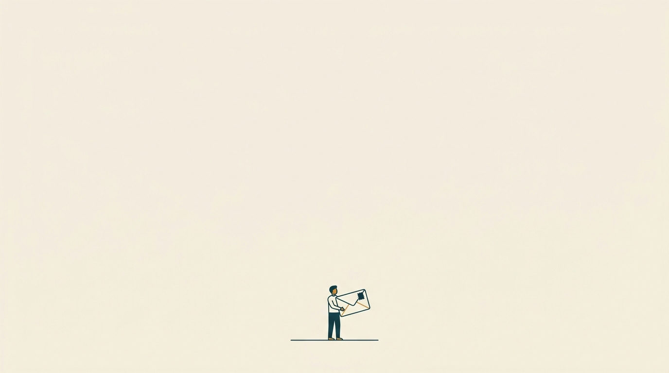 Minimalistisk figur med kuvert, omgiven av enormt tomt utrymme.