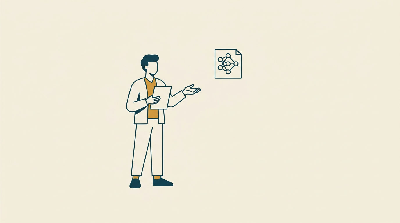 Minimalistisk vektorillustration av en stiliserad person som håller ett papper och gestikulerar mot en ljus bakgrund.