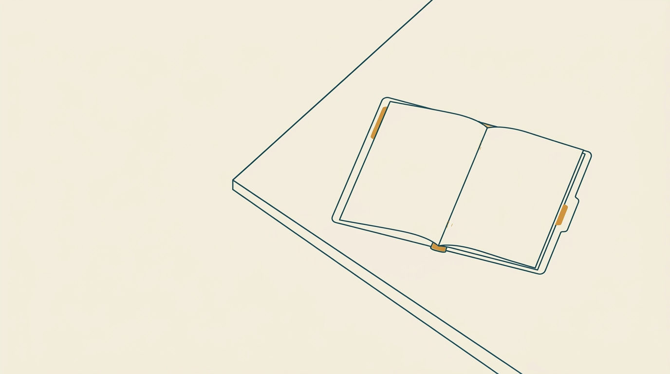 Vektorillustration sedd ovanifrån av en öppen aktmapp på ett minimalistiskt skrivbord med ljus bakgrund.