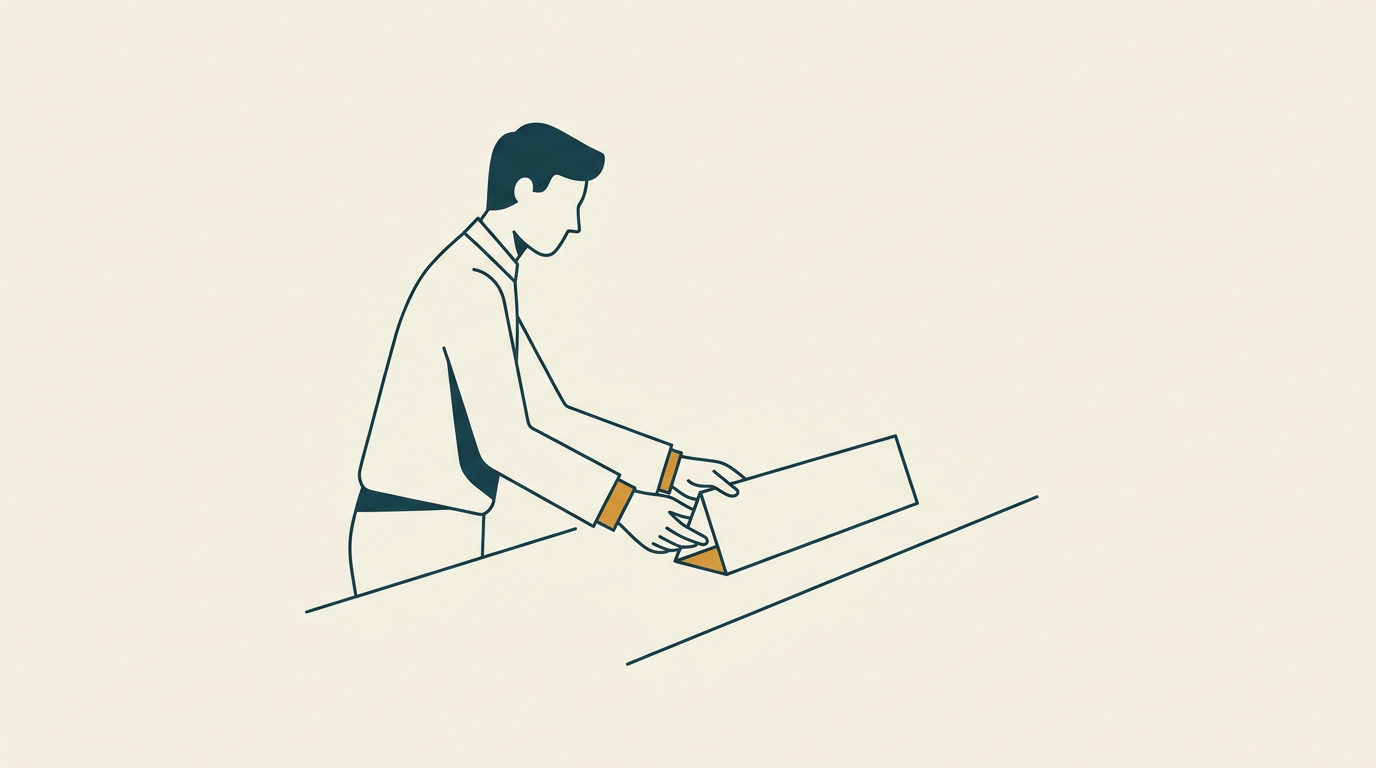 Minimalistisk platt illustration av en figur som placerar en tom geometrisk namnskylt på ett skrivbord.