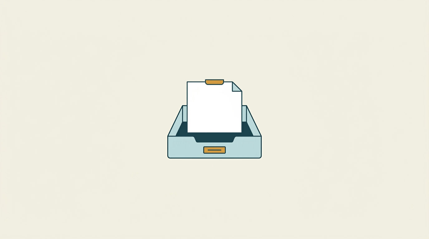 Minimalistisk vektorillustration av ett petrolblått dokumentfack med ett tomt papper mot en ljus, öppen bakgrund.