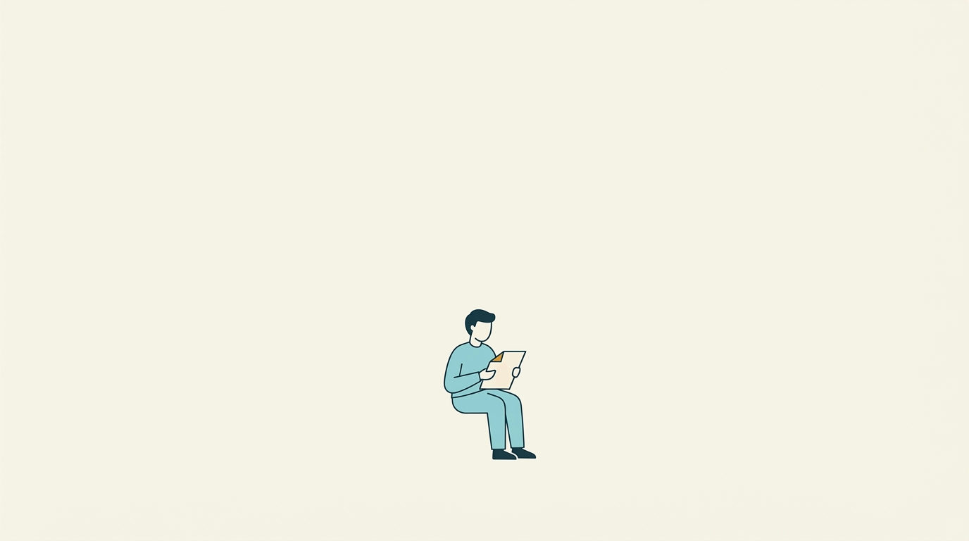 Minimalistisk illustration av en liten sittande person som läser ett papper mot en stor ljus bakgrund.