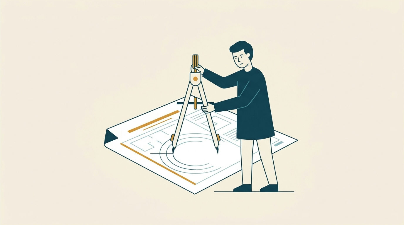 Minimalistisk vektorillustration av en stiliserad figur som ritar med en stor passar på ett pappersark.