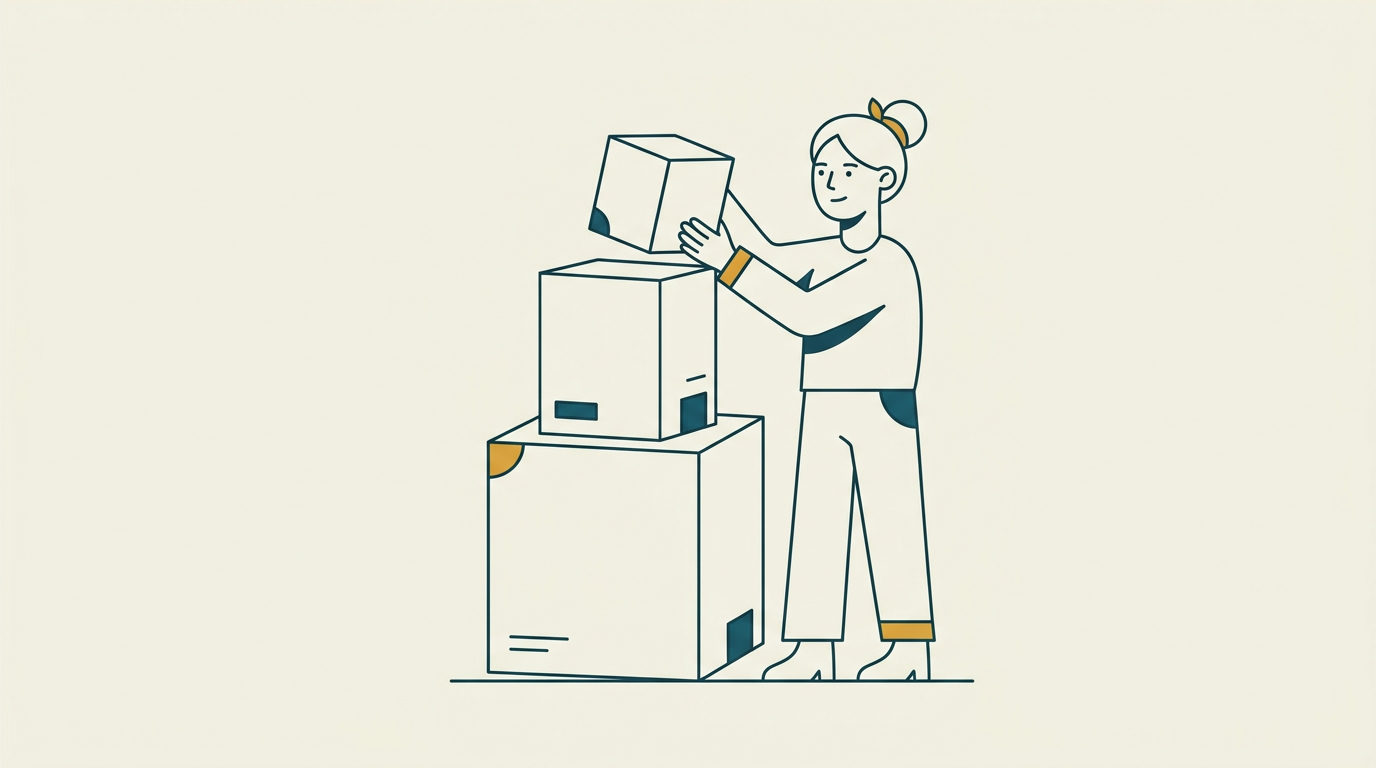 Minimalistisk vektorillustration av en person som staplar tre geometriska block till en omvänd pyramid.