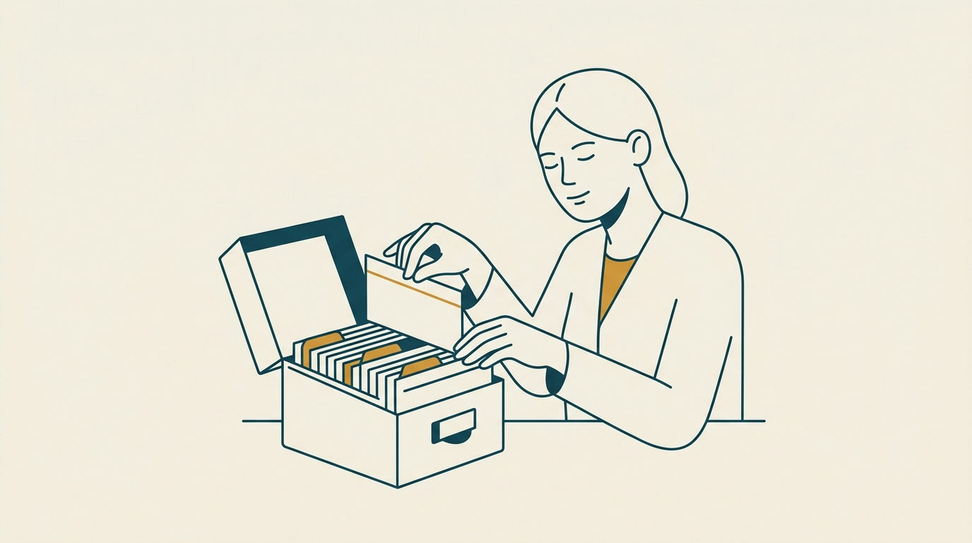 Minimalistisk vektorillustration av en stiliserad person som drar ett registerkort ur en liten arkivlåda på ljus bakgrund.