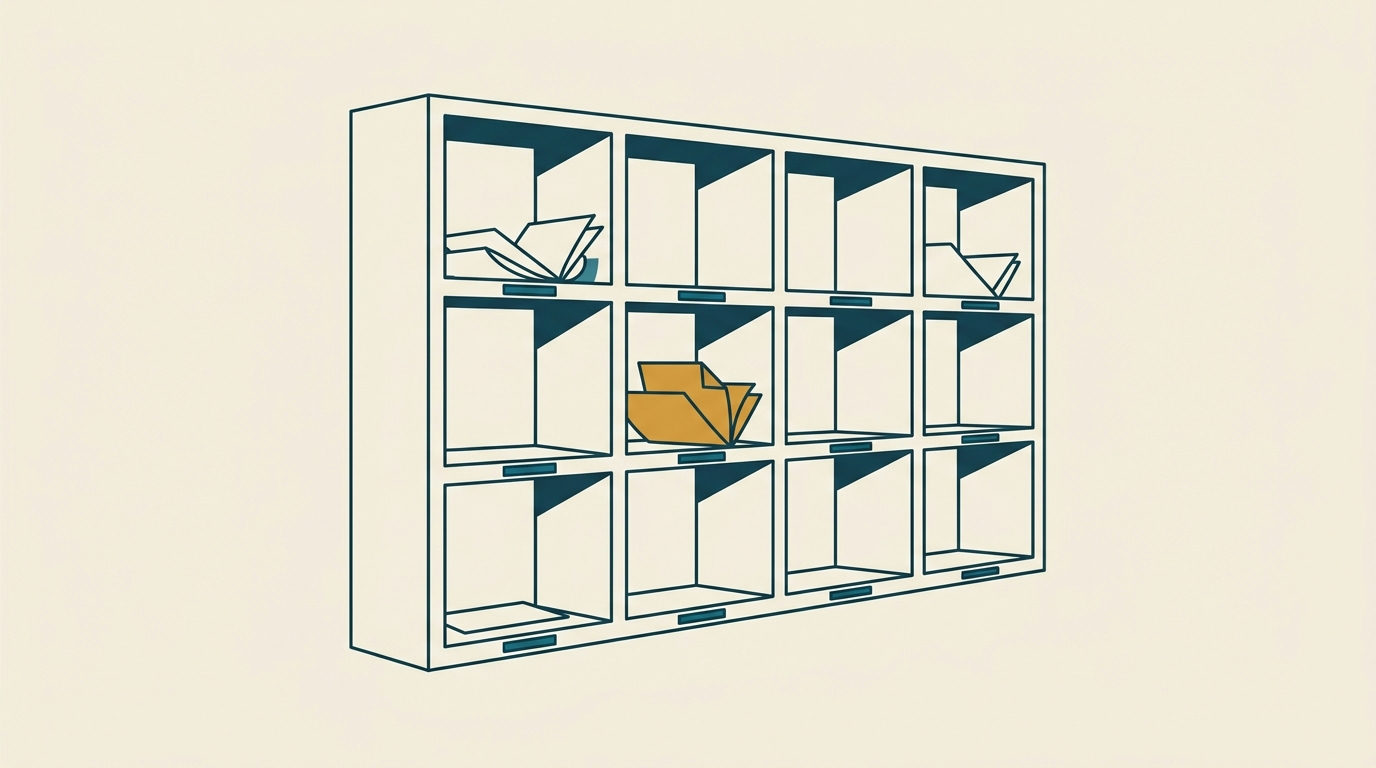 Minimalistisk illustration av vita postfack med abstrakta papper och ett ockragult papper.