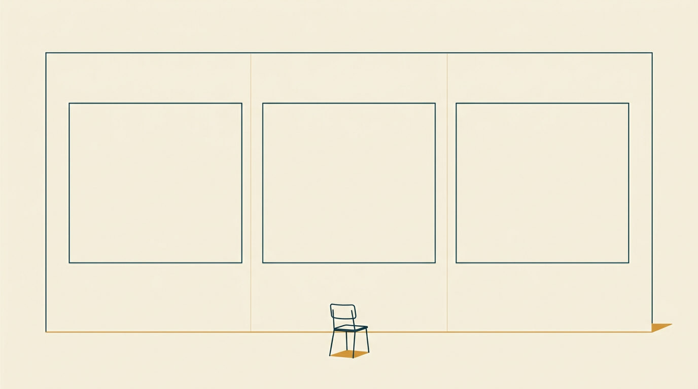 Minimalistisk vektorillustration av en stor planeringstavla med tre tomma rektanglar framför en liten ensam stol.