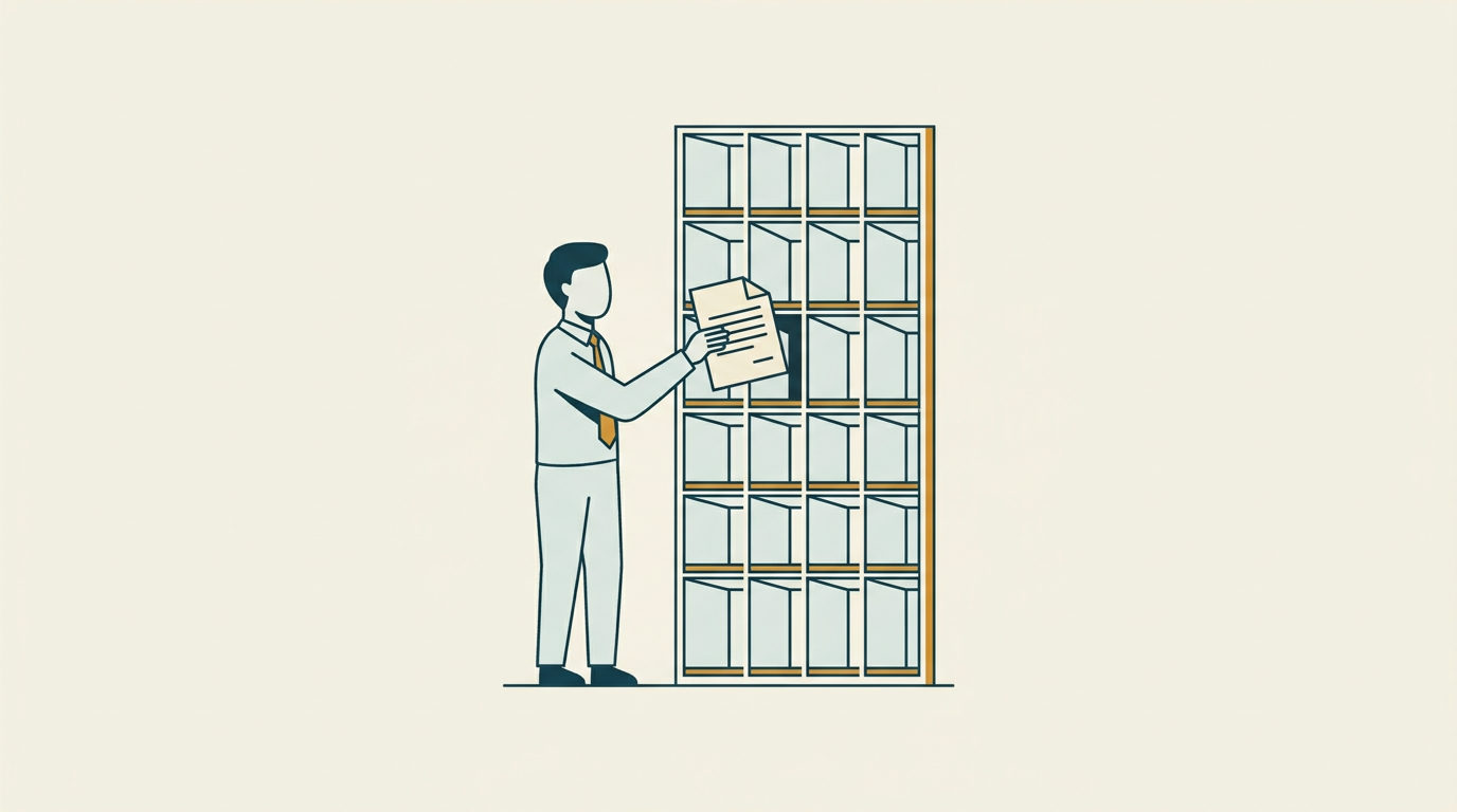 Stiliserad vektorillustration av en figur som sätter in ett dokument i ett stort rutnät med sorteringsfack.