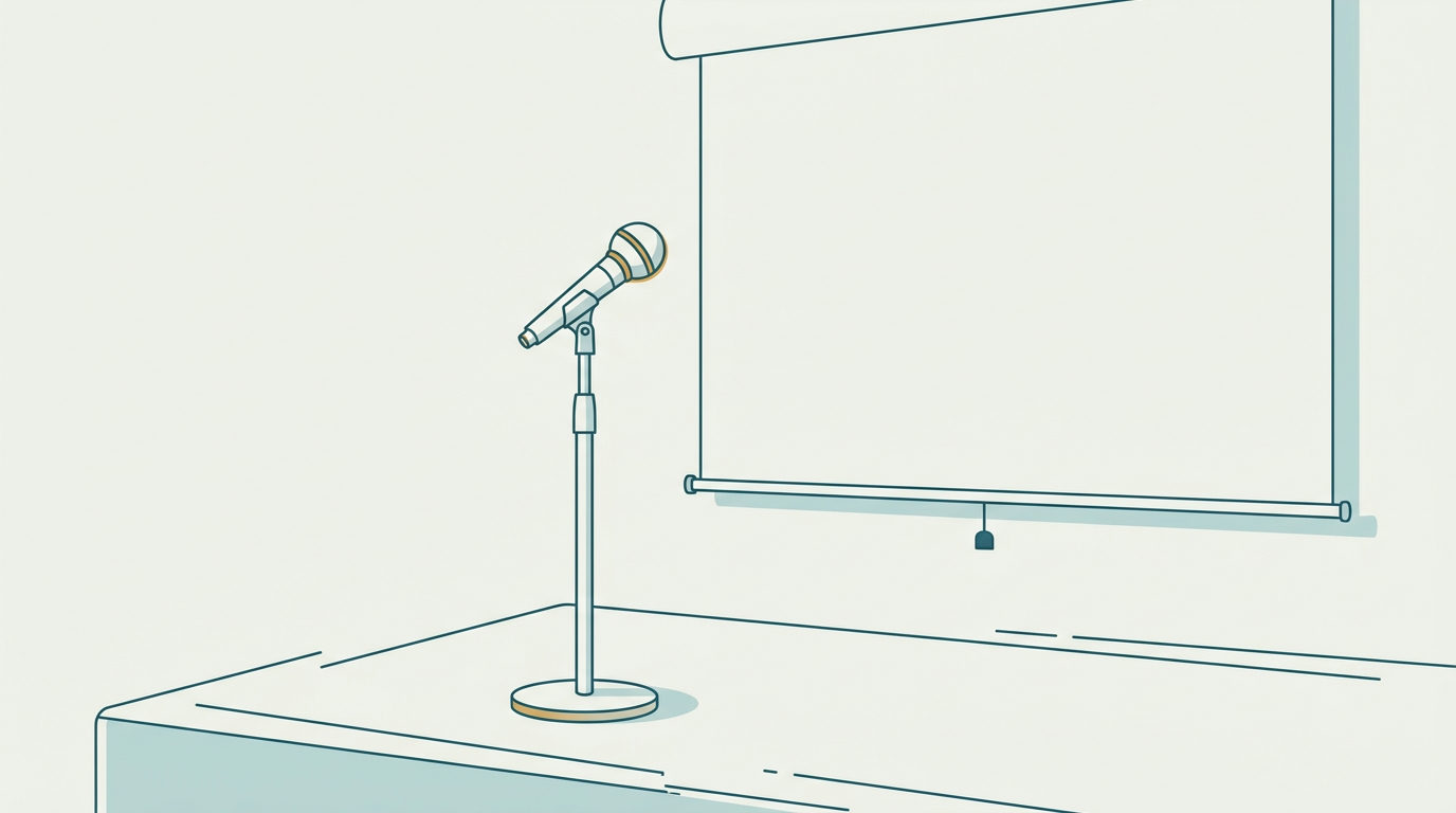 Minimalistisk vektorillustration av en tom konferensscen med ett ensamt mikrofonstativ framför en blank projektorduk.