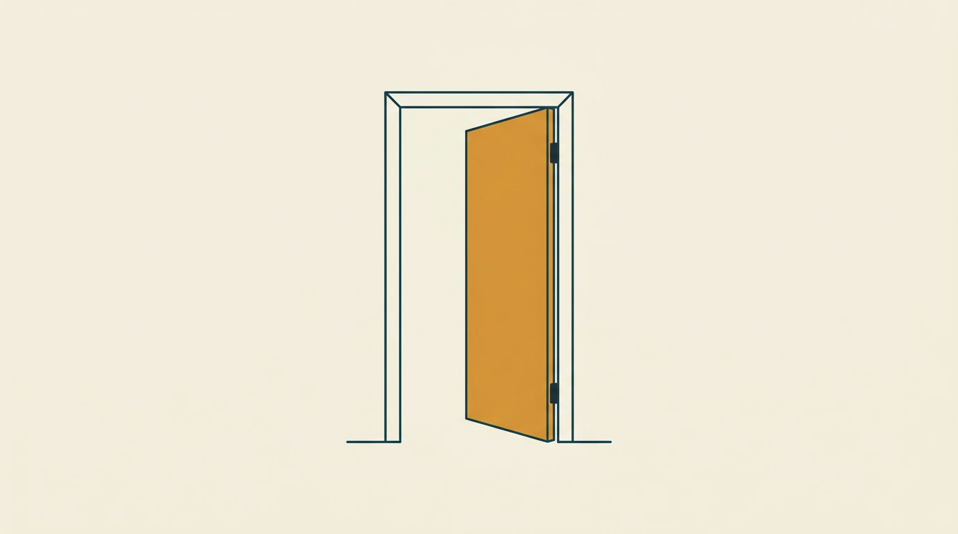 Minimalistisk platt illustration av en öppen ockragul dörr med blågrön dörrkarm mot ljus bakgrund.